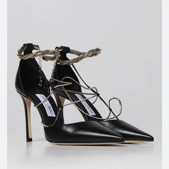 NIB Jimmy Choo Olesia 95 Leather Pump Black Gold Chain - Picture 2 of 10